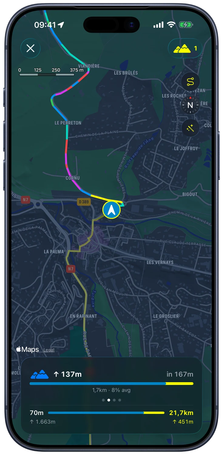 Tracking a ride: the route drawn in gradient colours on the map, with a card showing the climb underway and how far is left