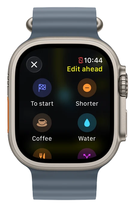 Editing the ride ahead from the watch: To start, Shorter, Coffee and Water