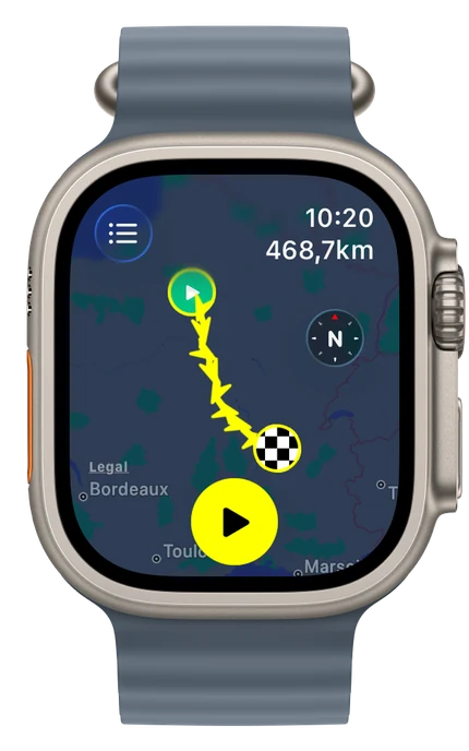 The whole route on an Apple Watch Ultra, drawn across a map of southern France