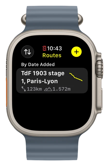 The route library on the watch, with distance and elevation per route