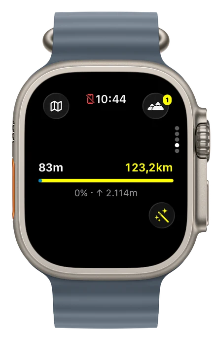An Apple Watch Ultra mid-ride, showing metres climbed and distance to go